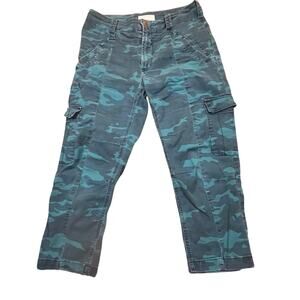 Anthropologie Austin High Rise Cropped Cargo Pant Teal Green Camouflage Size 28